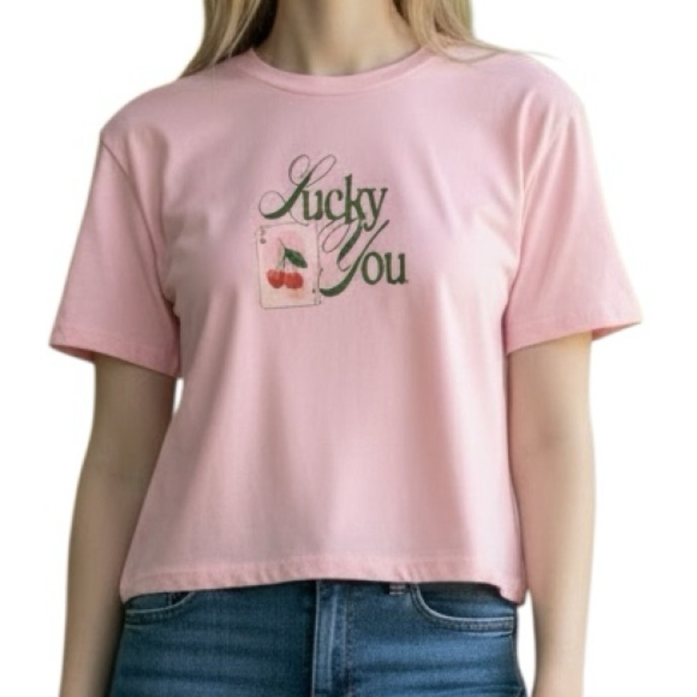 NEW Ripple Junction 'Lucky You' Card Graphic Baby Tee Pink